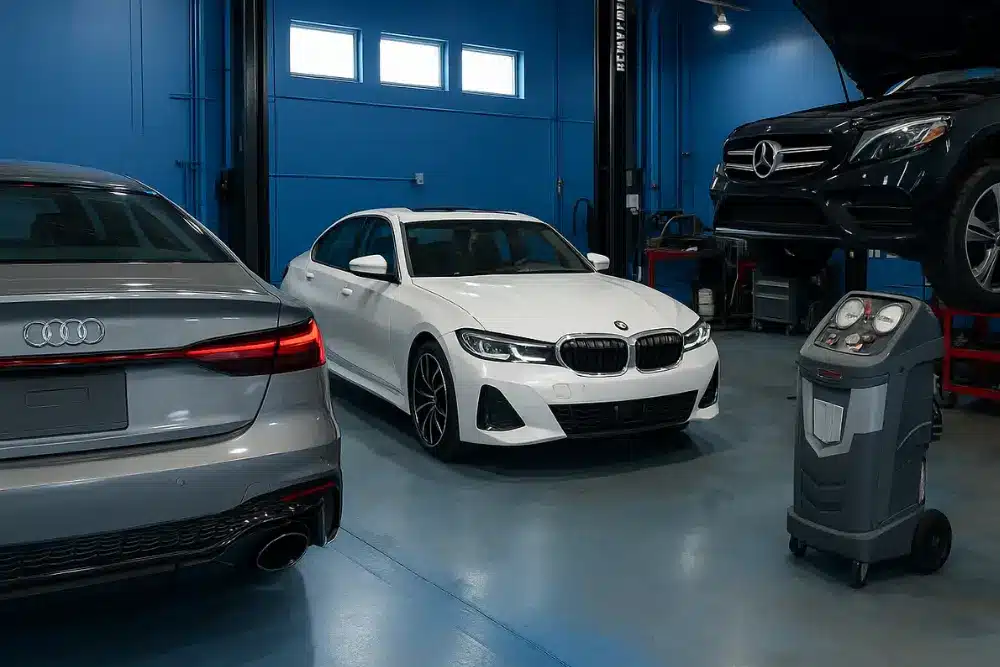 Car maintenance in Rancho Santa Margarita, CA by Bobby Grich Auto Repair. Interior of an auto repair shop with a white BMW, a gray Audi, and a black Mercedes-Benz being serviced, surrounded by professional-grade equipment in a clean, blue-walled garage.