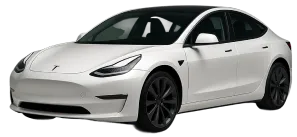 Tesla Services In Rancho Santa Margarita, CA At Bobby Grich Auto Repair. A white Tesla Model 3 electric sedan, viewed from the front-left side, featuring sleek lines, black trim, and dark alloy wheels.