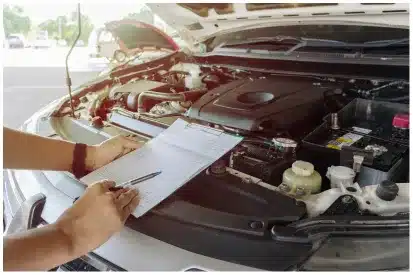 Vehicle Inspections In Rancho Santa Margarita, CA At Bobby Grich Auto Repair. A person stands in front of a car with the hood open, holding a clipboard and pen, inspecting the engine bay as part of a vehicle maintenance or inspection process.