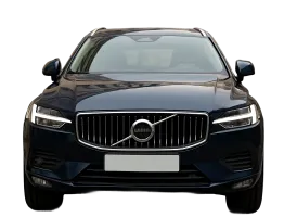 European Auto Repair In Rancho Santa Margarita, CA At Bobby Grich Auto Repair. Front view of a dark blue Volvo SUV with LED headlights on, chrome grille, and a white license plate, isolated on a transparent background.