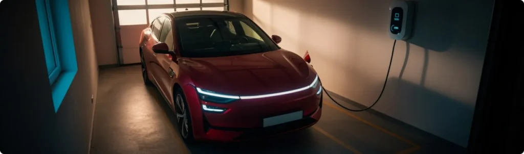 Tesla Services In Rancho Santa Margarita, CA At Bobby Grich Auto Repair. A red electric car is parked in a garage, plugged into a wall-mounted charging station. The car’s headlights are on and the garage is dimly lit, with light streaming through a window.