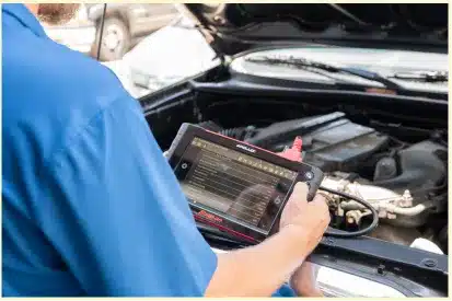 A mechanic in a blue shirt uses a diagnostic tablet to check a car engine with the hood open at an auto repair shop Rancho Santa Margarita CA.