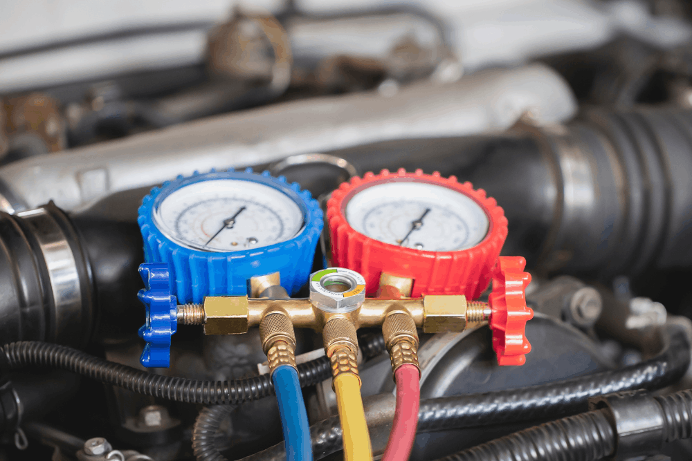 Auto a/c repair, auto repair in Orange, CA, at Bobby Grich Auto Repair of Orange. An image of an automotive A/C manifold gauge set connected to a vehicle engine during professional air conditioning system diagnostics and refrigerant pressure testing.