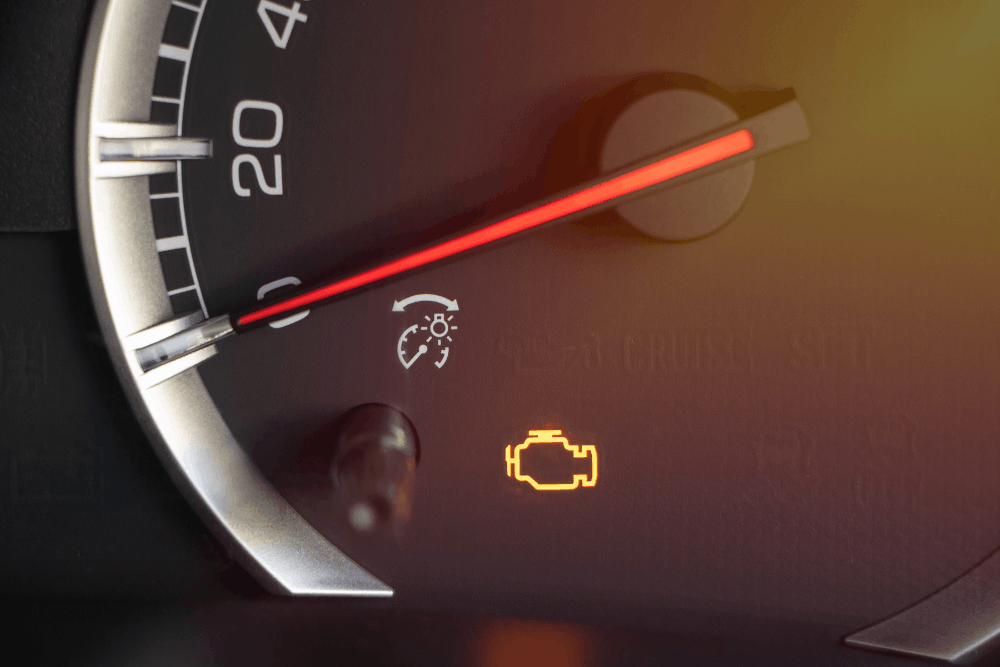Check engine light, auto repair in Rancho Santa Margarita, CA, at Bobby Grich Auto Repair of RSM. Close-up image of an illuminated check engine warning light on a vehicle dashboard, indicating the need for professional engine diagnostics and repair.