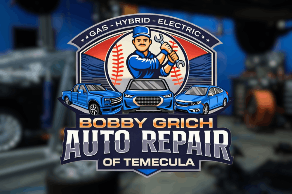 Auto repair in Murrieta, CA, at Bobby Grich Auto Repair of Temecula. Image of Bobby Grich Auto Repair of Temecula logo featuring a technician holding a wrench, gas, hybrid, and electric vehicle imagery, and automotive service branding against a repair shop background.