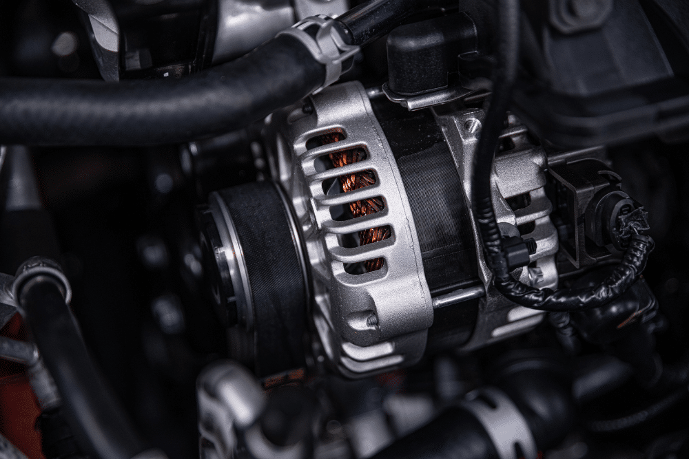 Alternator repair, auto repair in Orange, CA, at Bobby Grich Auto Repair of Orange. Close-up of a vehicle alternator installed in the engine bay, showcasing a critical charging system component that generates electrical power, recharges the battery, and supplies electricity to the vehicle's electrical systems while the engine is running.